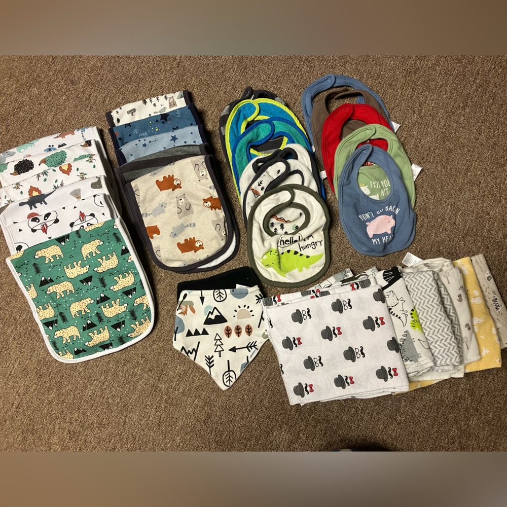 Baby boy bundle, burp cloths, bibs, receiving blankets.